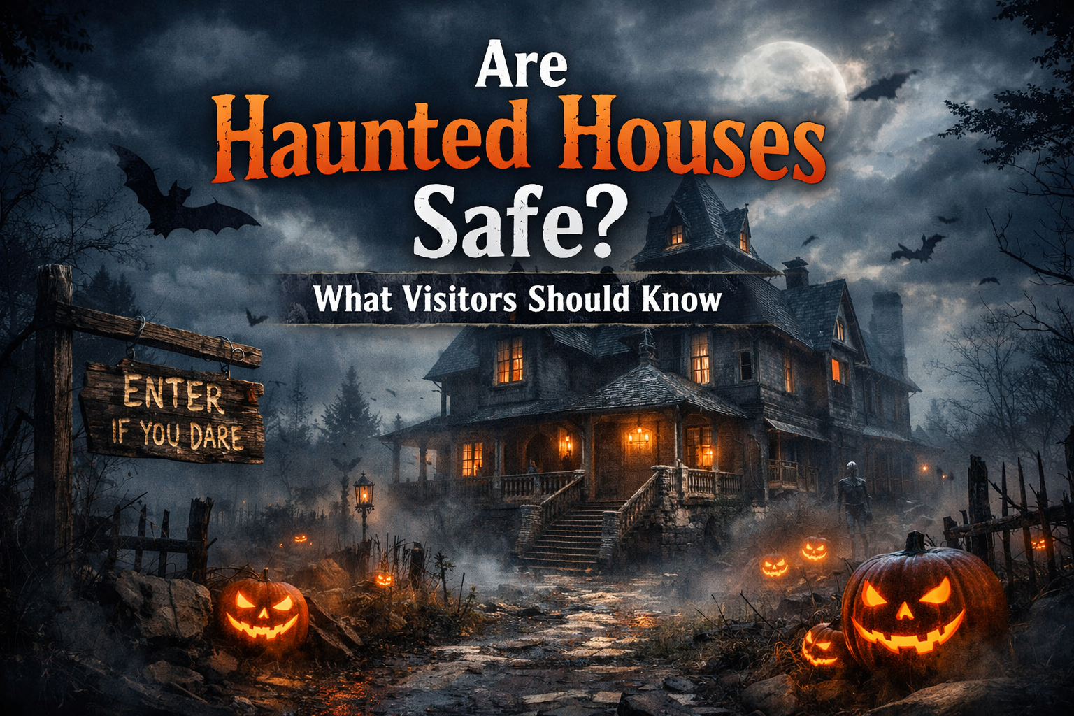 Haunted house attraction at night with glowing pumpkins, fog, and eerie mansion entrance illustrating haunted house safety and Halloween experiences