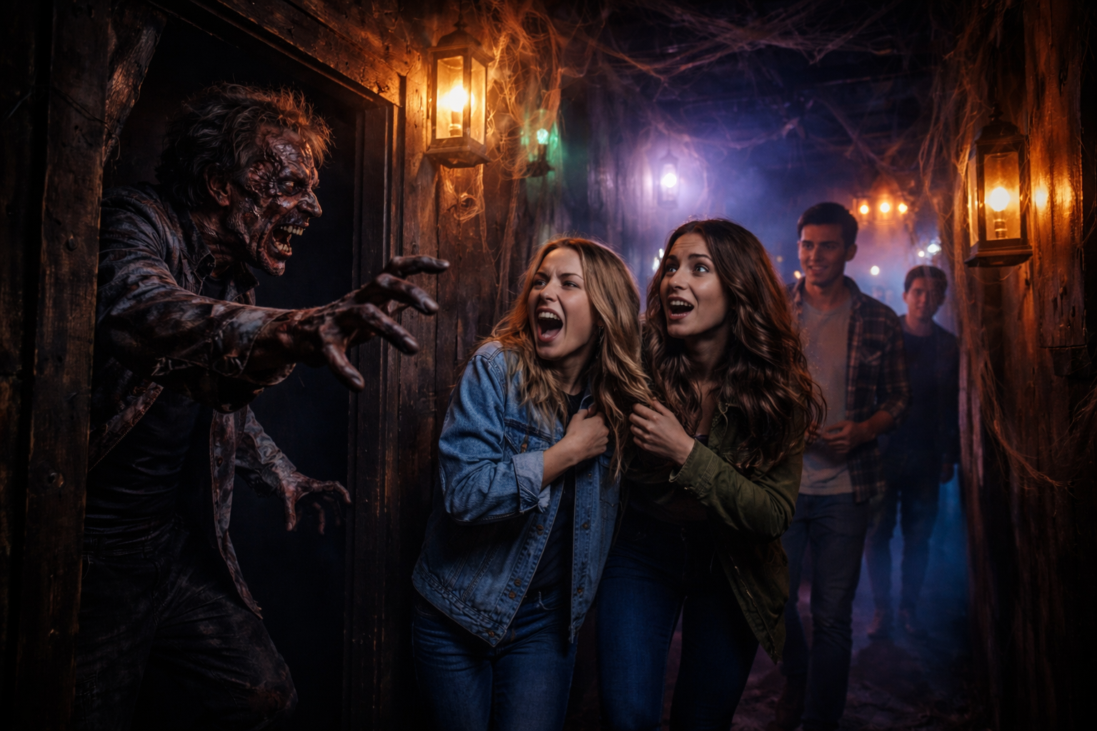 inside a haunted house attraction with dark hallway and scare actors