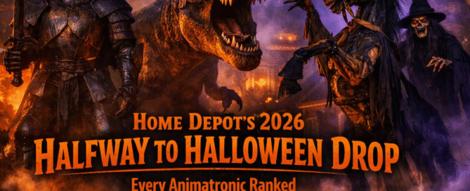 Home Depot 2026 Halfway to Halloween animatronics display featuring skeleton knight, T-Rex, undead horse, and witch props with fog and LED lighting