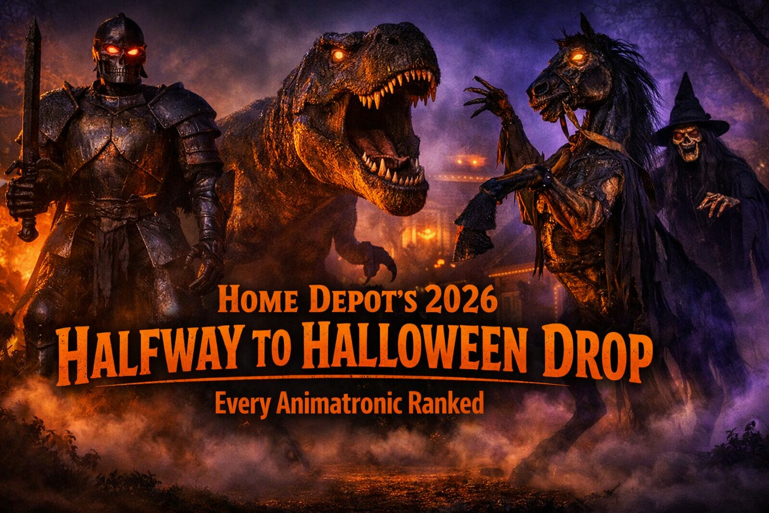 Home Depot 2026 Halfway to Halloween animatronics display featuring skeleton knight, T-Rex, undead horse, and witch props with fog and LED lighting