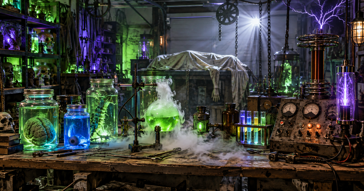 How to Build a Mad Scientist Lab for Halloween: Glowing Specimens, Bubbling Beakers, and a Creature on the Slab